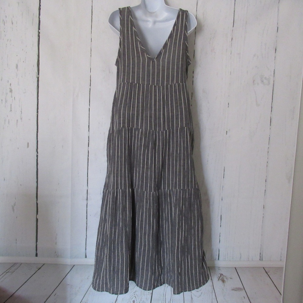 Marine Layer Dress M Corrine Maxi Gray Stripe 100% Cotton Boho Peasant Beach - Picture 5 of 9